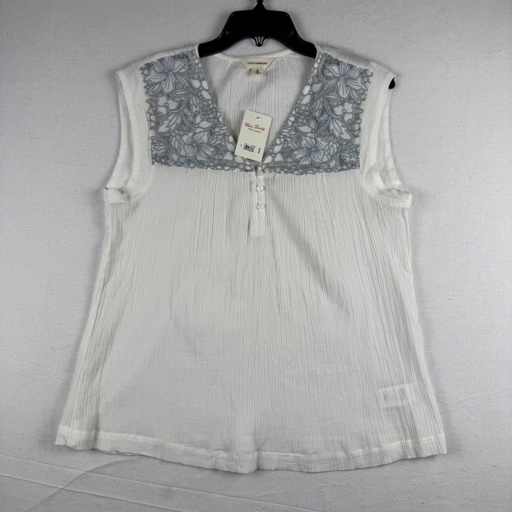 Lucky Brand White Cotton Gauze Floral Lace Yoke Sleeveless Top 135411 Medium
